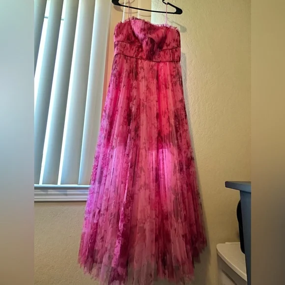 ML Monique Lhuillier Pleated Printed Tulle Midi Dress Women Size 8 - Picture 8 of 14